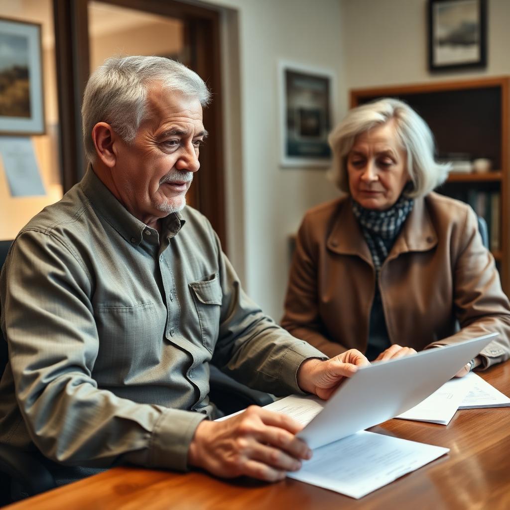 White male Army master sergeant retiree reviewing TRICARE supplemental coverage with a benefits counselor